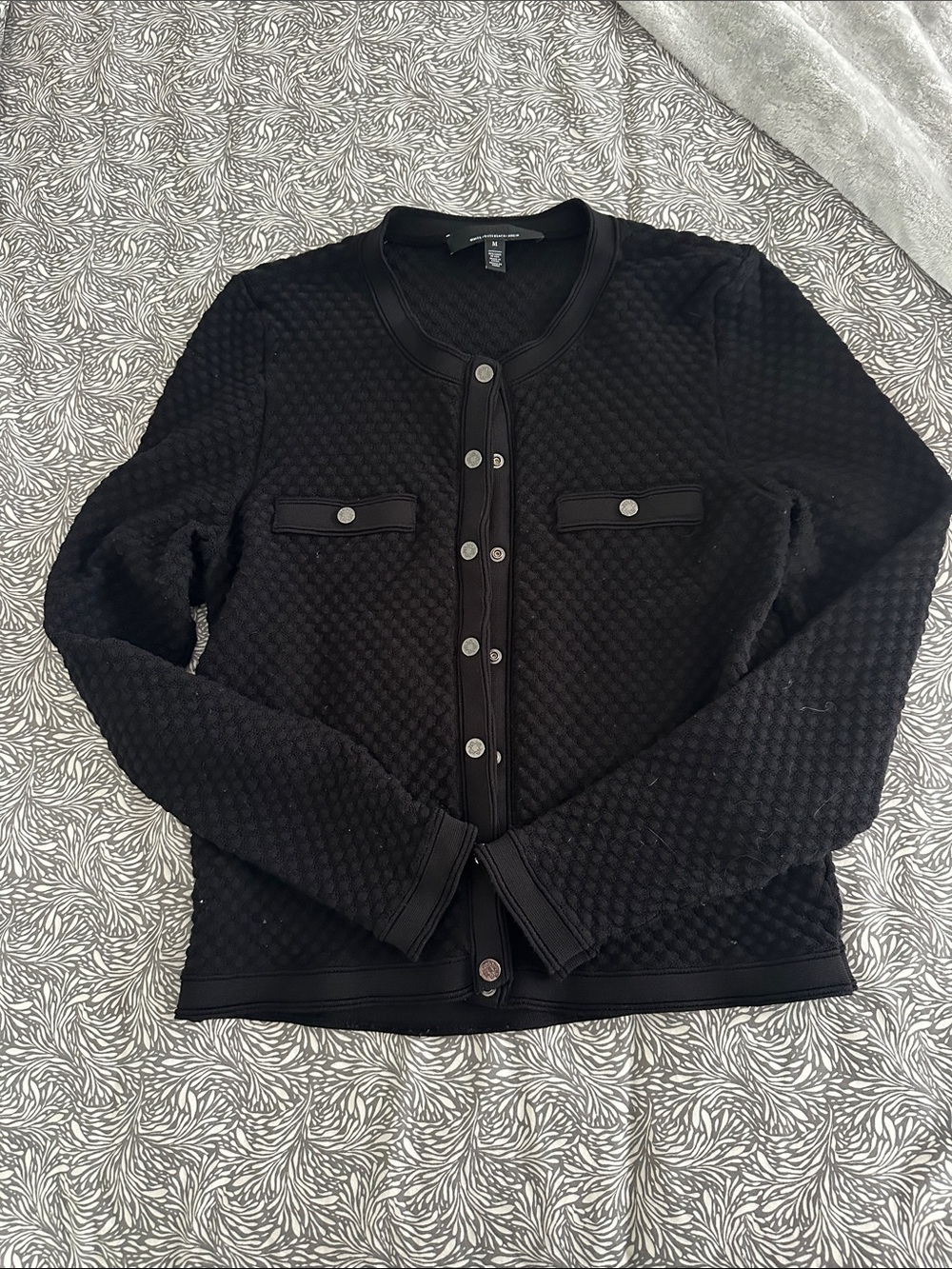 White House Black Market Black Quilted Snap-Front Cardigan